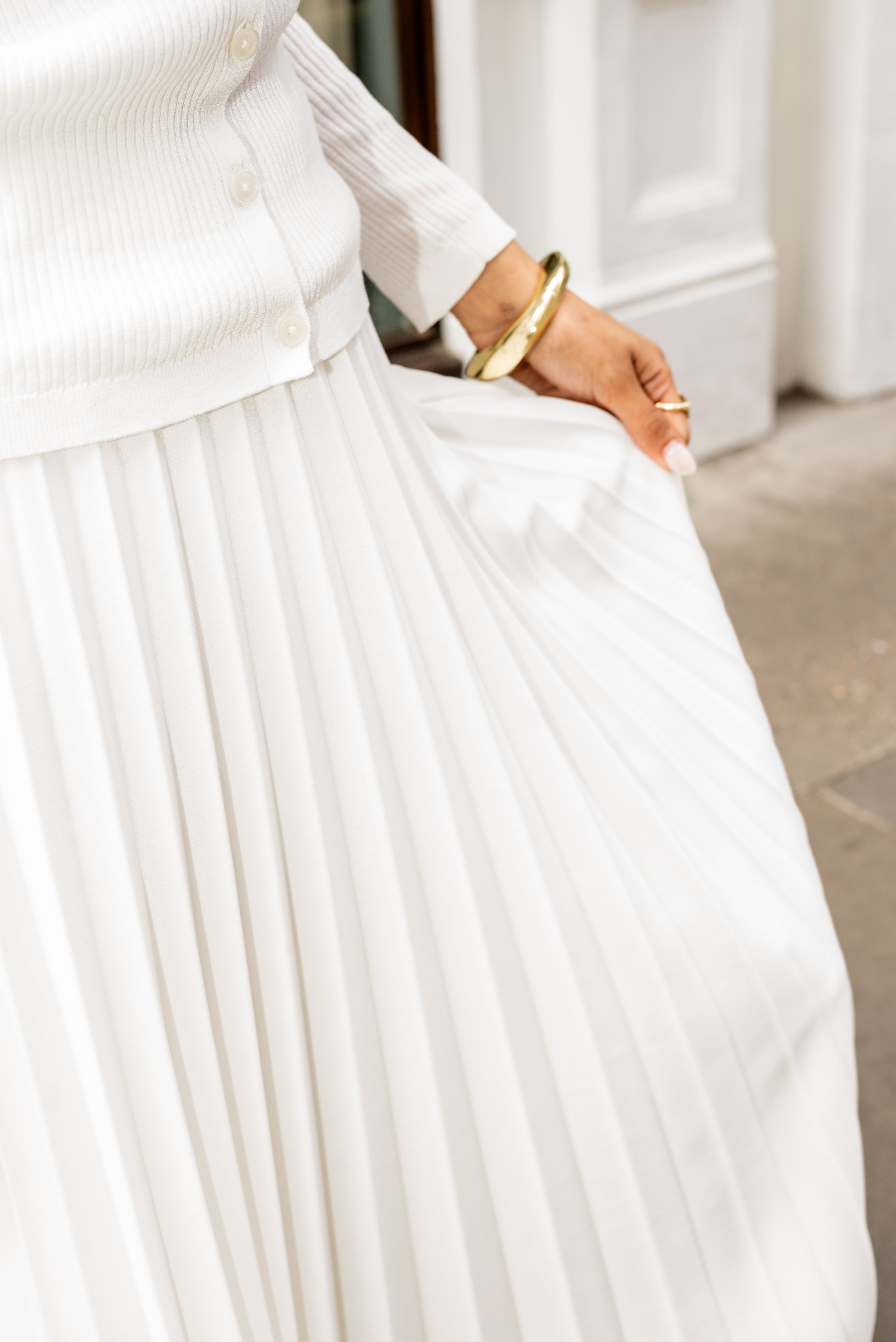White Pleated Maxi Skirt With Elasticated Waist