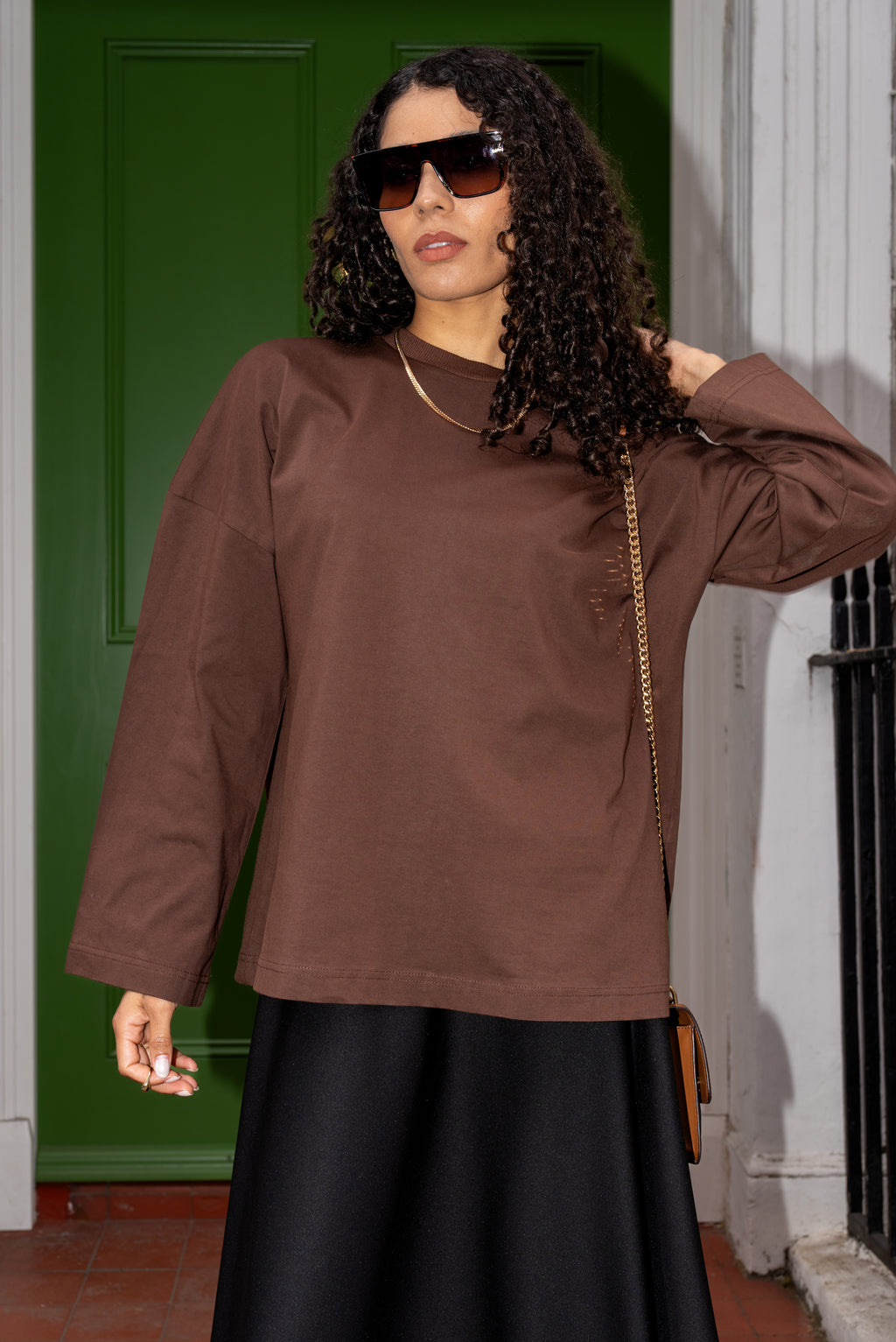Brown Oversized Cotton Top With Embroidered Cuff