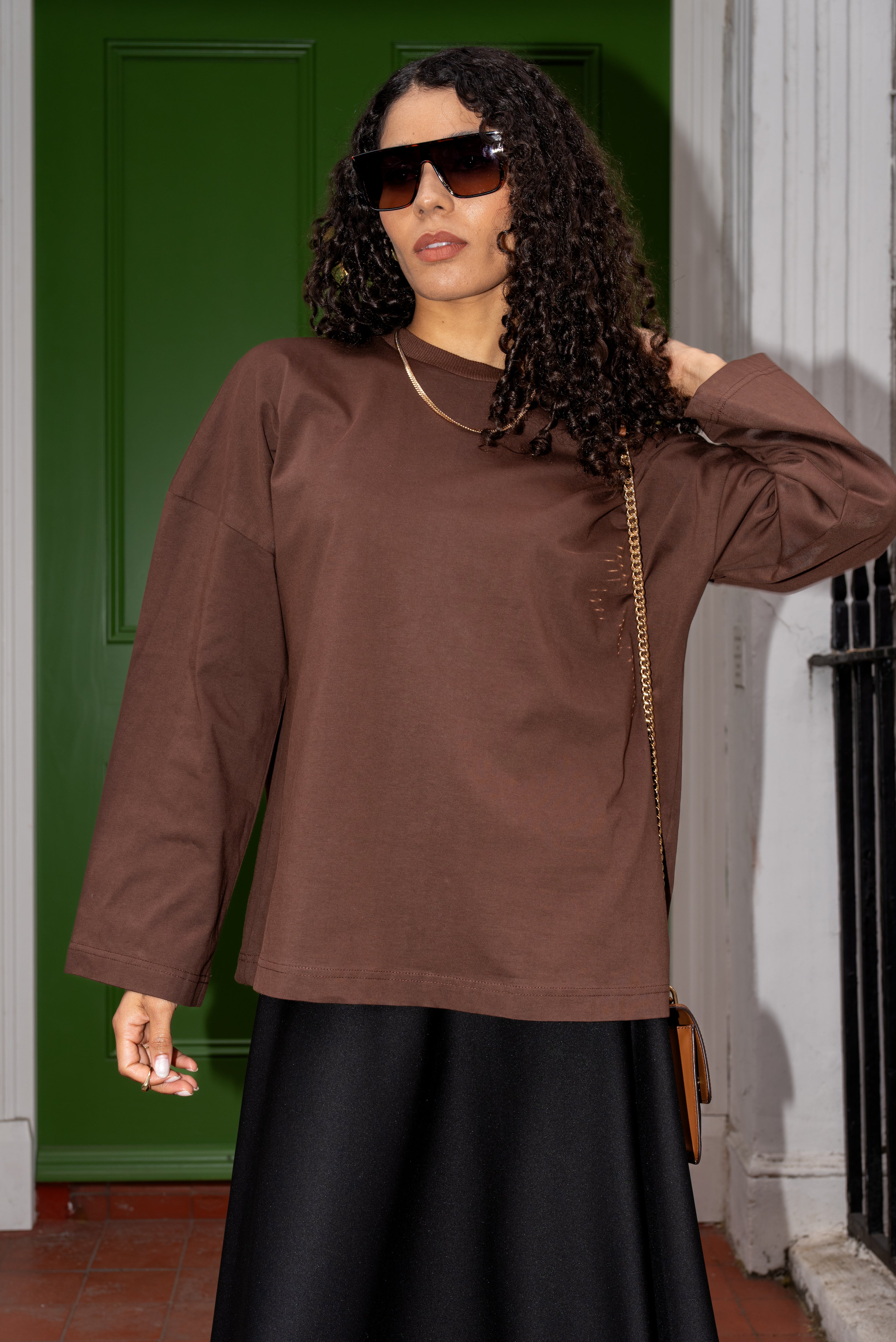 Brown Oversized Cotton Top With Embroidered Cuff