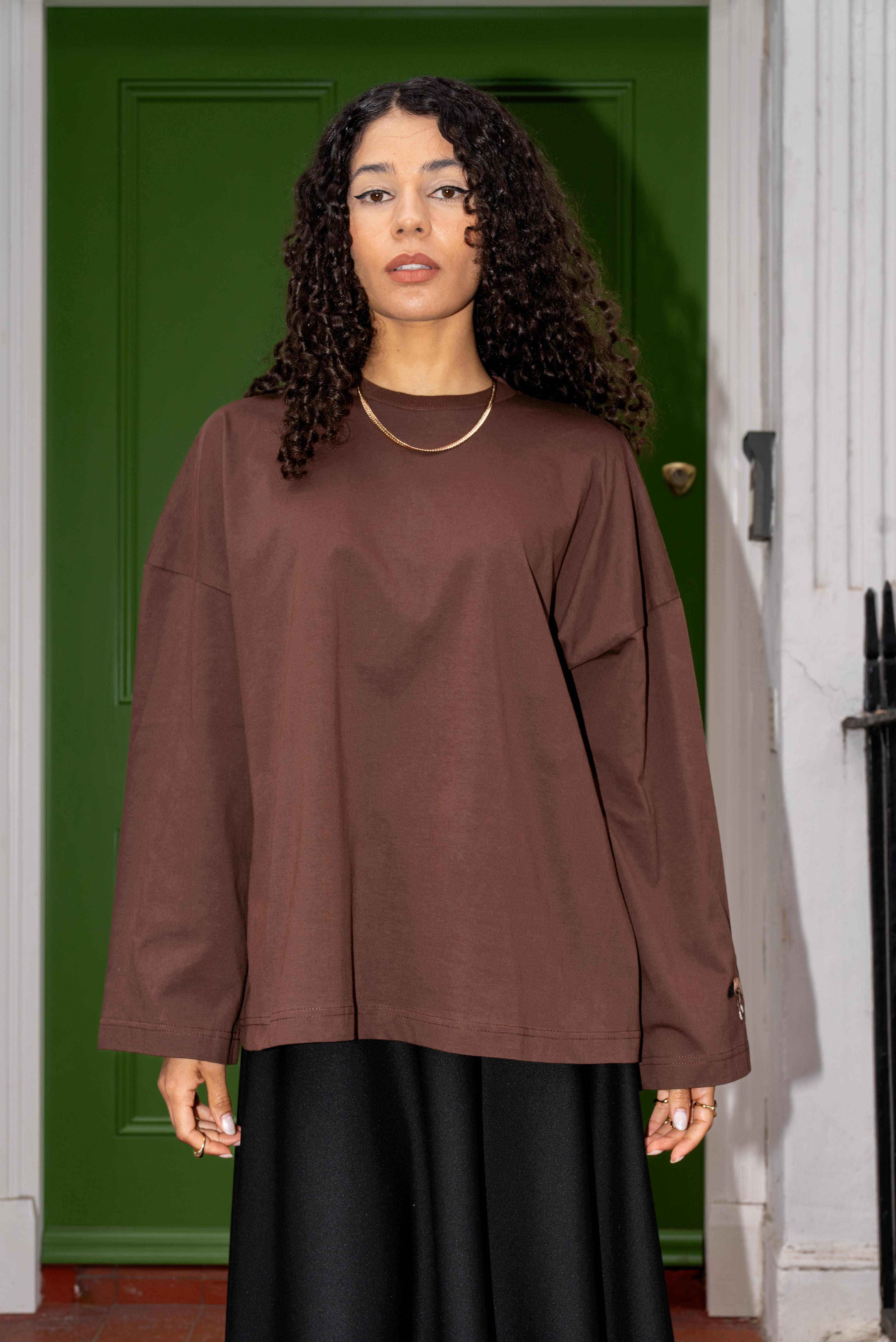 Brown Oversized Cotton Top With Embroidered Cuff