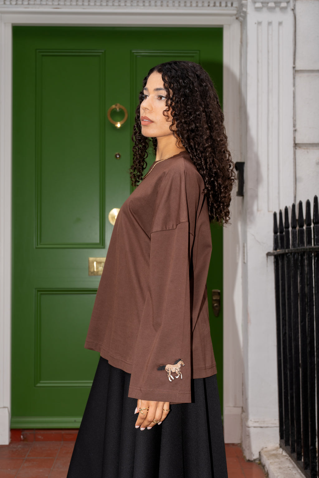 Brown Oversized Cotton Top With Embroidered Cuff