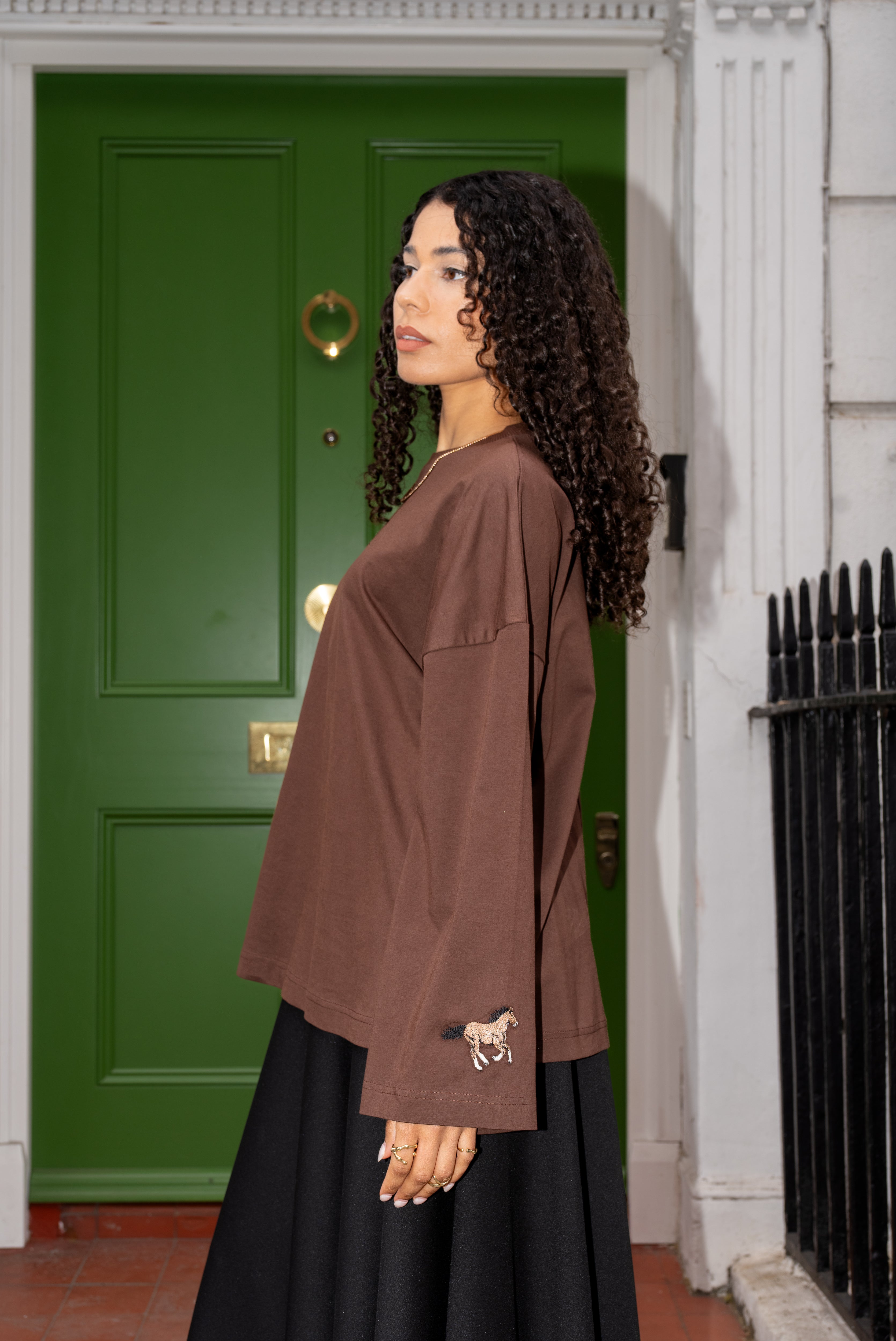 Brown Oversized Cotton Top With Embroidered Cuff