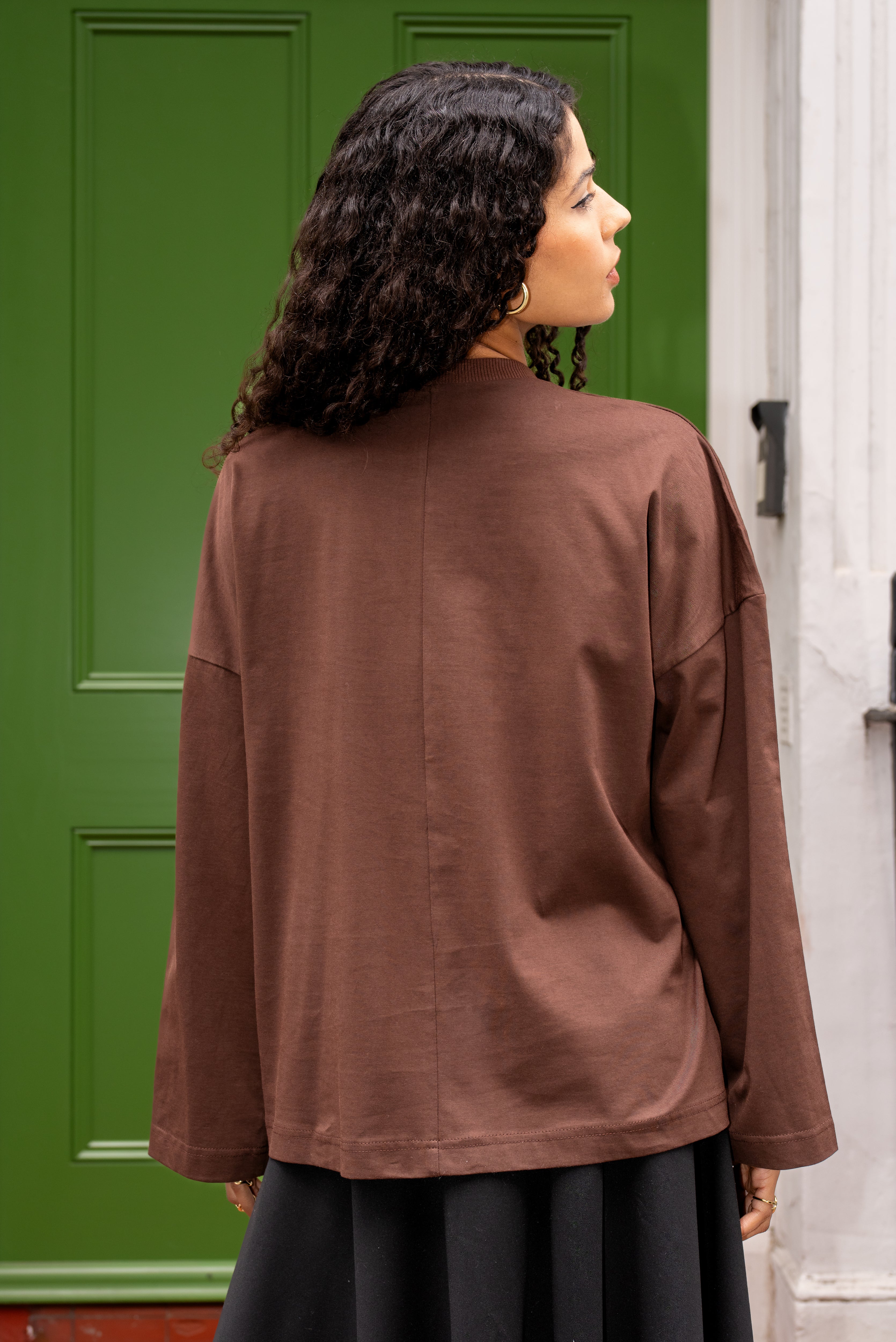 Brown Oversized Cotton Top With Embroidered Cuff