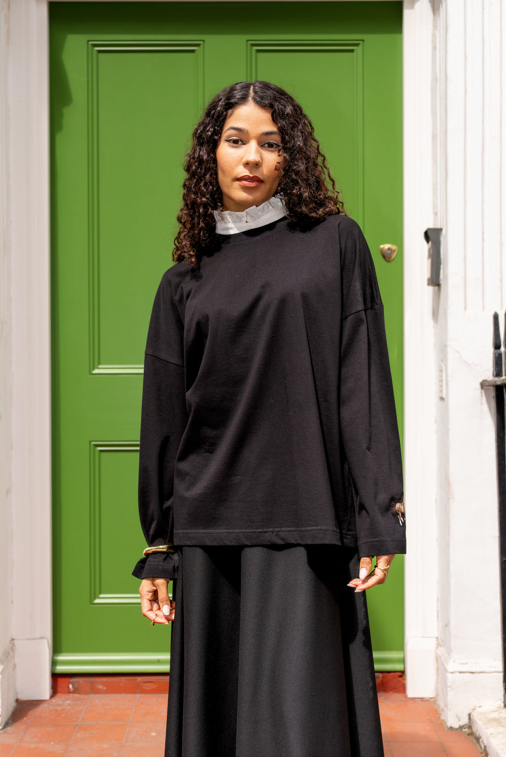 Black Oversized Cotton Top With Embroidered Cuff
