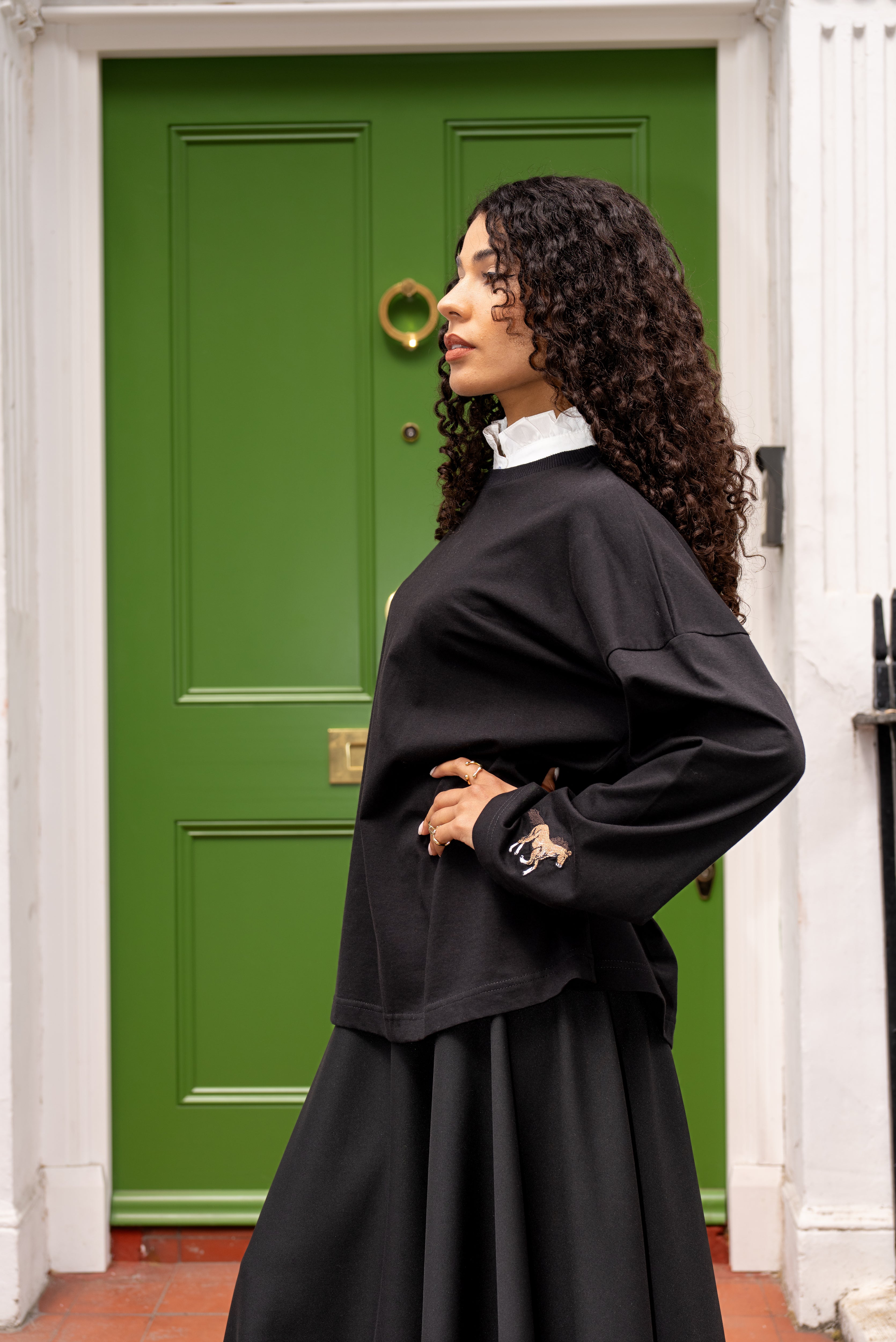 Black Oversized Cotton Top With Embroidered Cuff