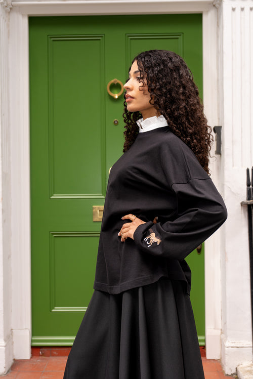 Black Oversized Cotton Top With Embroidered Cuff