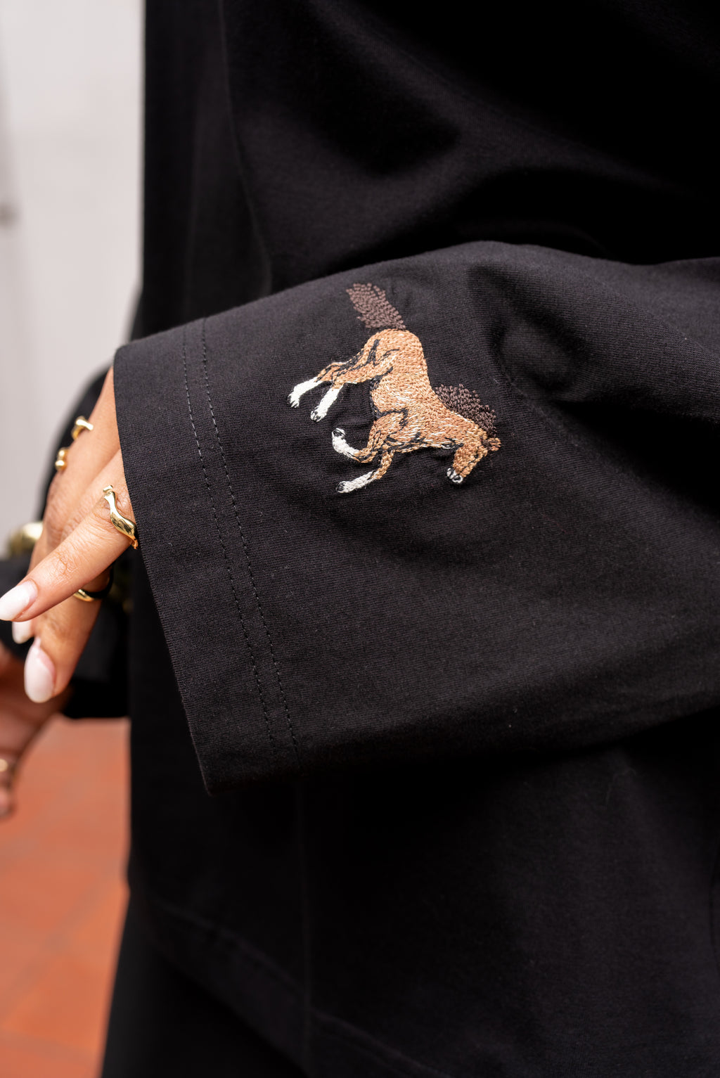 Black Oversized Cotton Top With Embroidered Cuff
