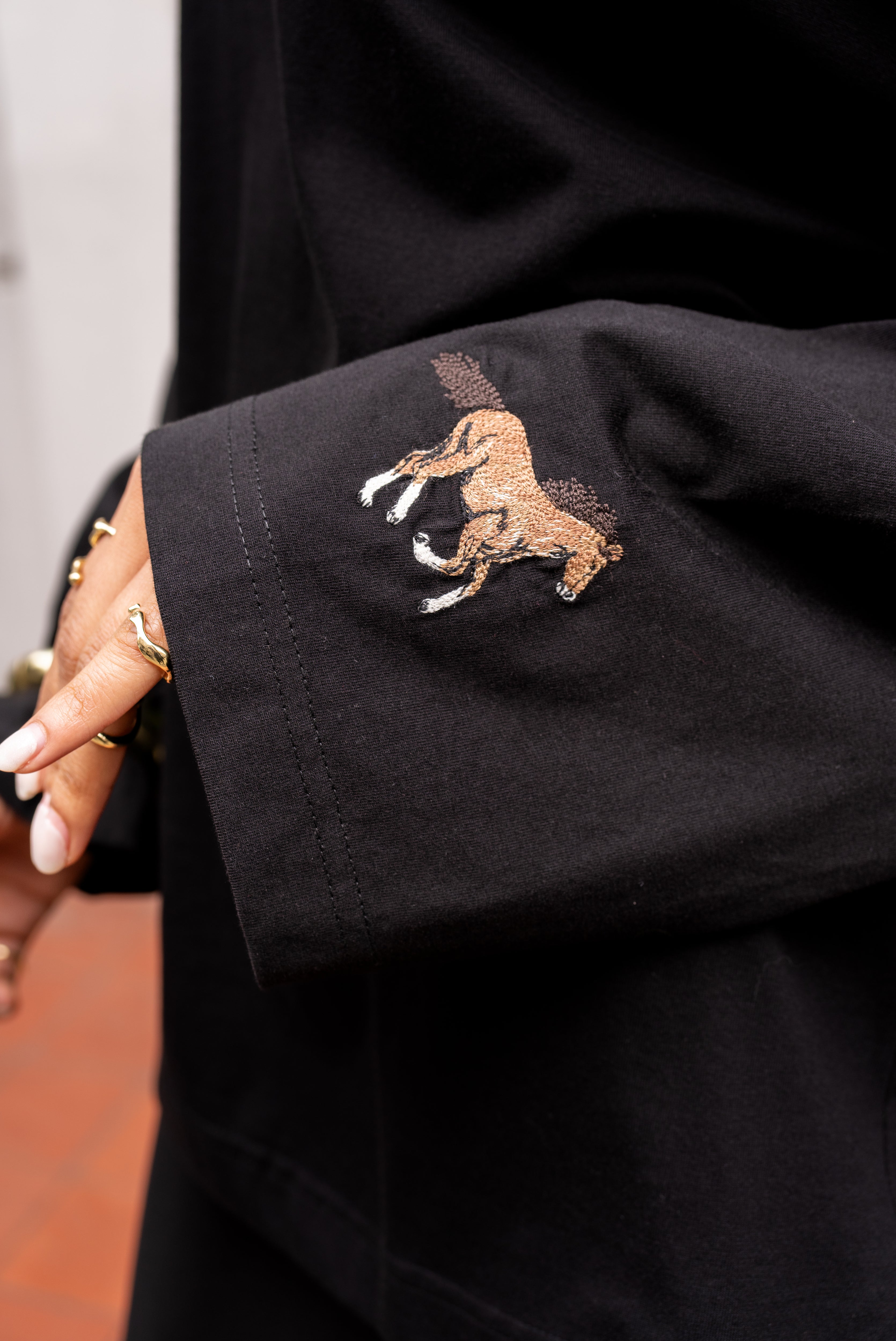 Black Oversized Cotton Top With Embroidered Cuff