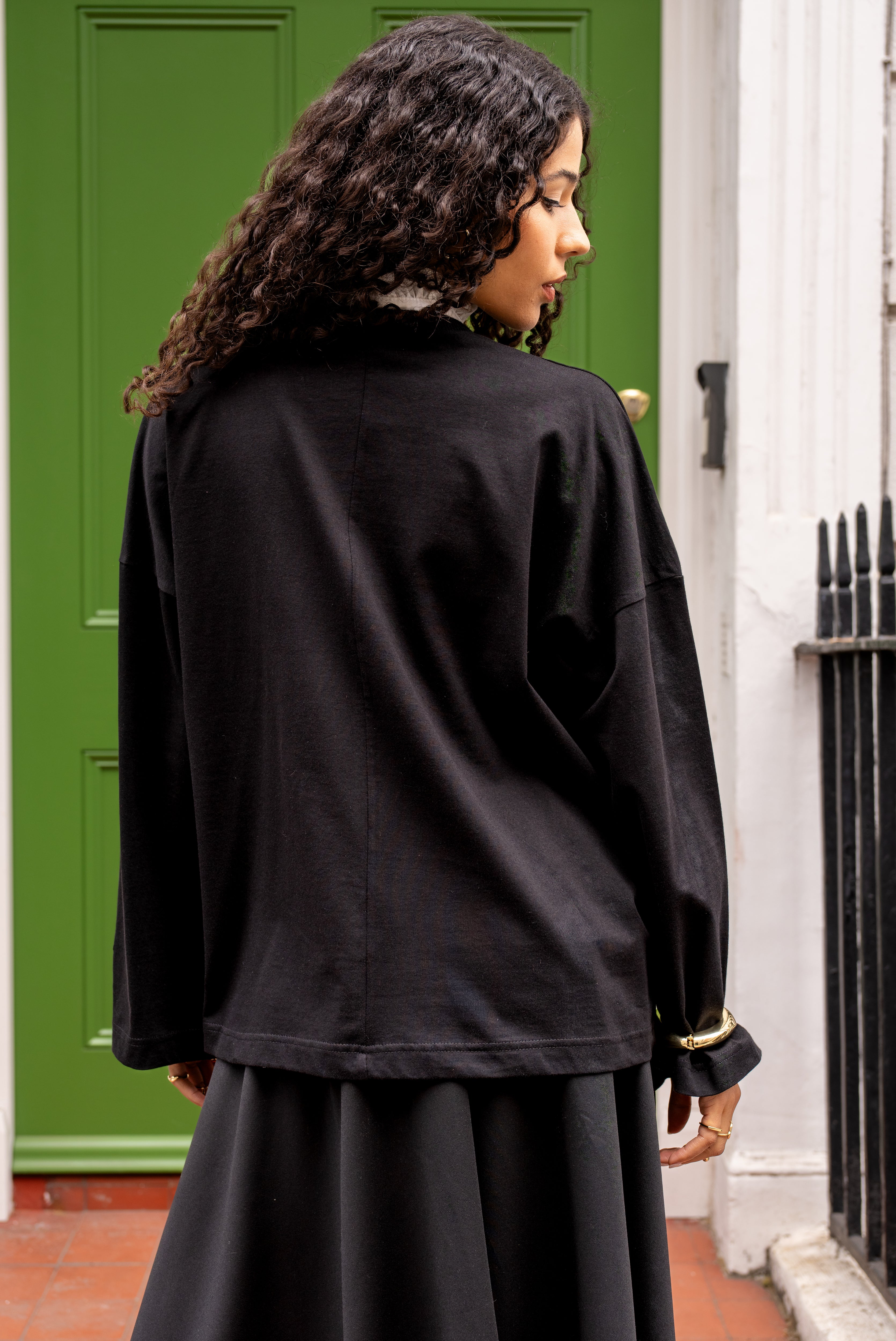 Black Oversized Cotton Top With Embroidered Cuff