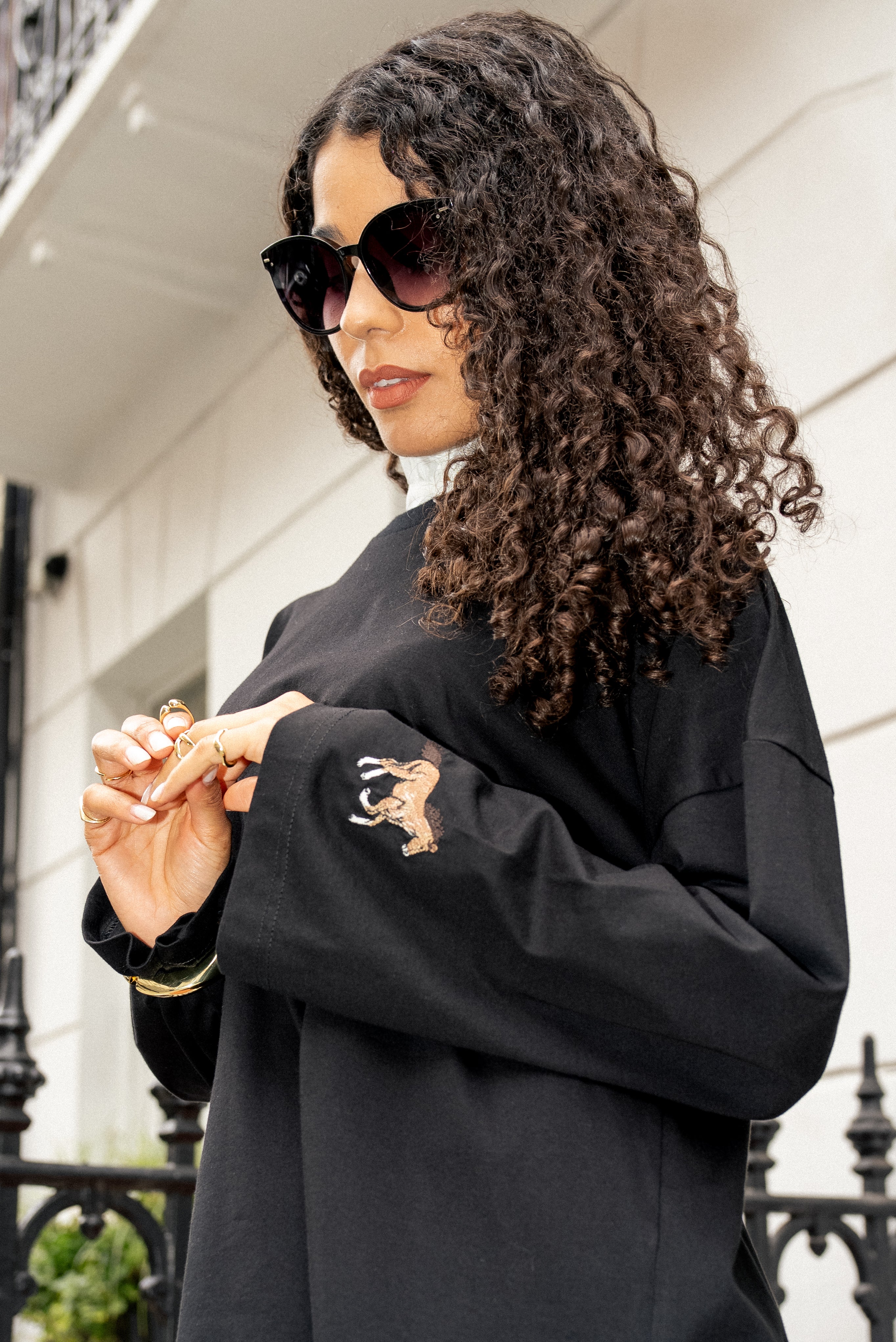 Black Oversized Cotton Top With Embroidered Cuff