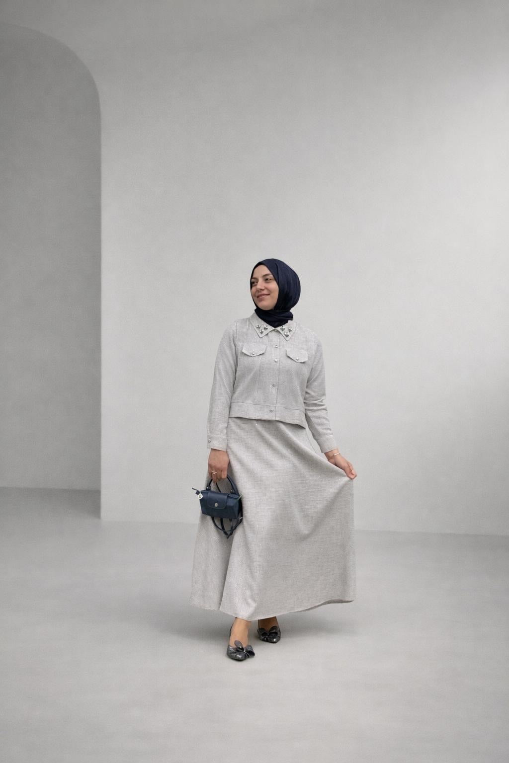 Women’s Linen Two-Piece Set – Embellished Collar Top & Maxi Skirt