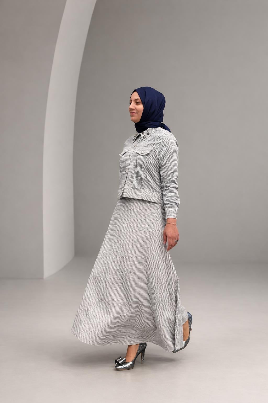 Women’s Linen Two-Piece Set – Embellished Collar Top & Maxi Skirt