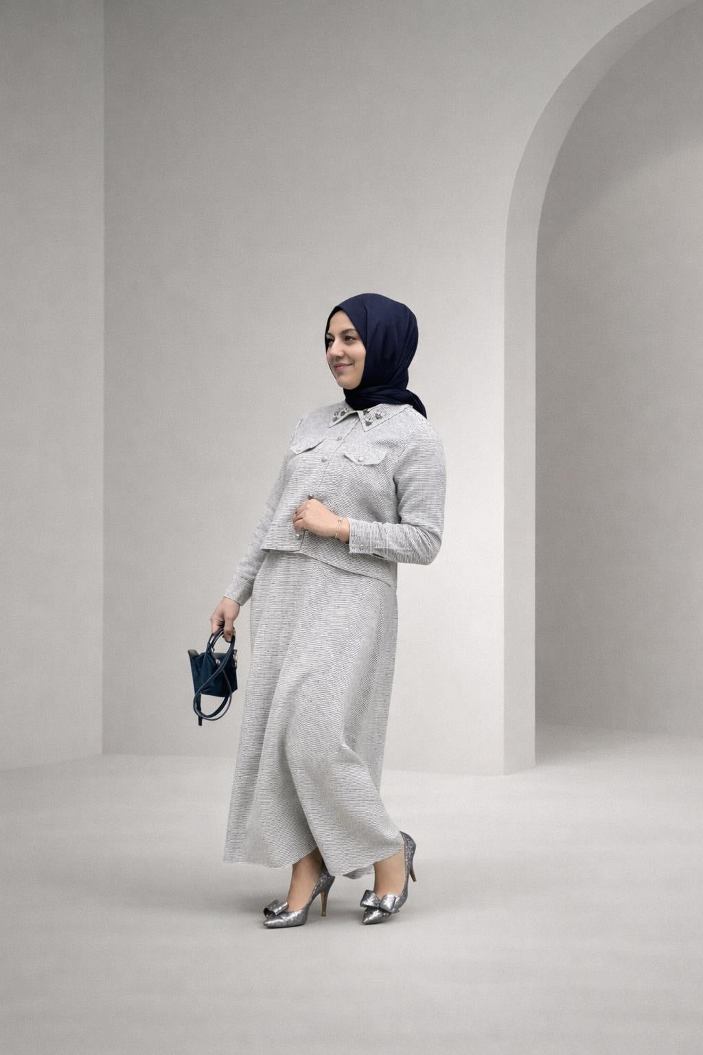 Women’s Linen Two-Piece Set – Embellished Collar Top & Maxi Skirt