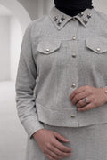 Women’s Linen Two-Piece Set – Embellished Collar Top & Maxi Skirt