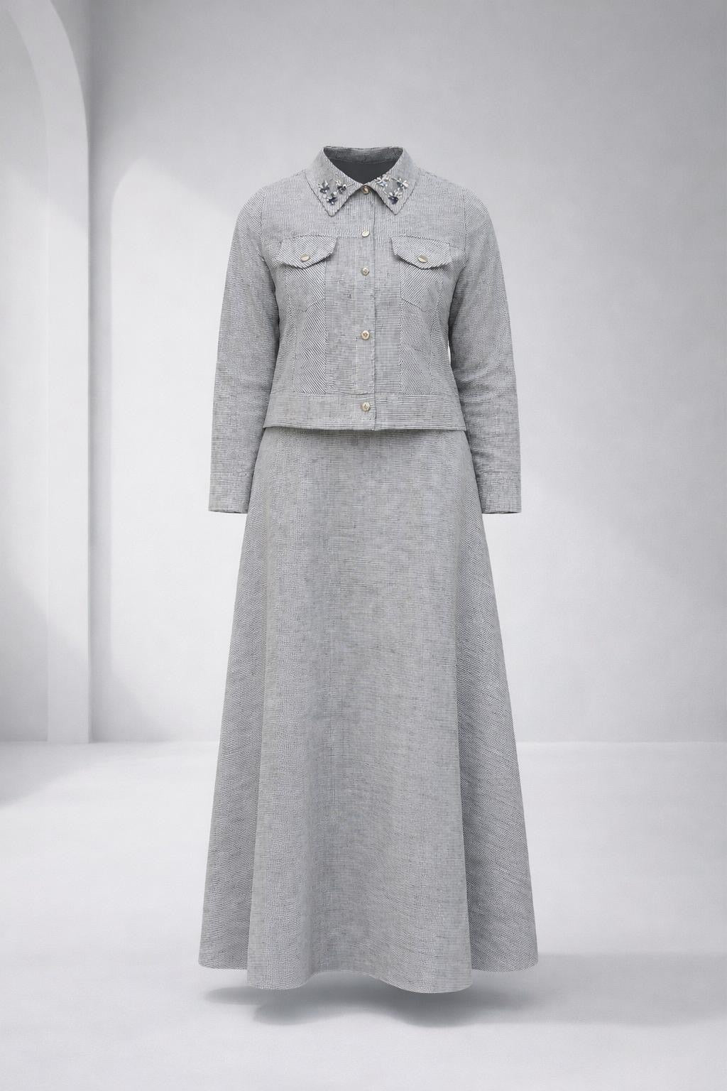 Women’s Linen Two-Piece Set – Embellished Collar Top & Maxi Skirt